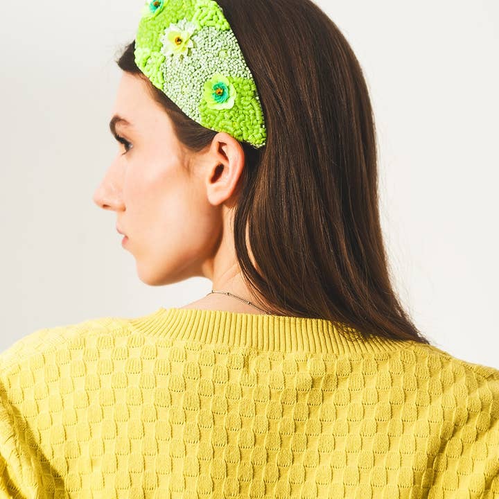 Chunky headband with embellished green flowers for wholesale on Faire1