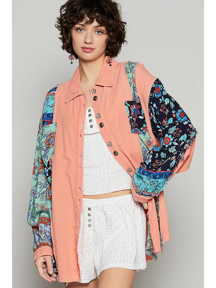Pol Clothing - Wholesale Button Down Shirt - Women's - Balloon sleeve mixed fabric button down shirts