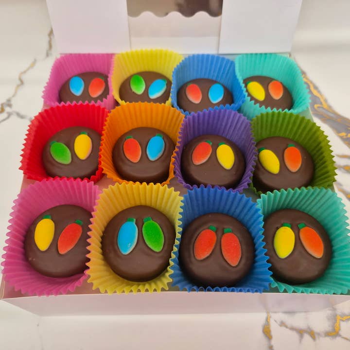 Christmas Light Hand Decorated Oreo's box of 24 for wholesale by Bear Creek Candy Kitchen