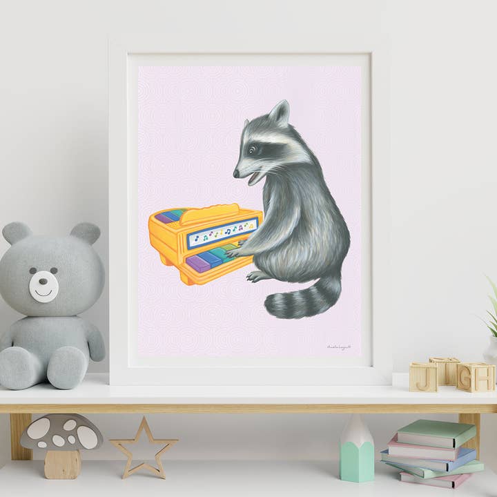 Baby Raccoon playing on vintage toy piano - Poster for wholesale by Sardines Studio