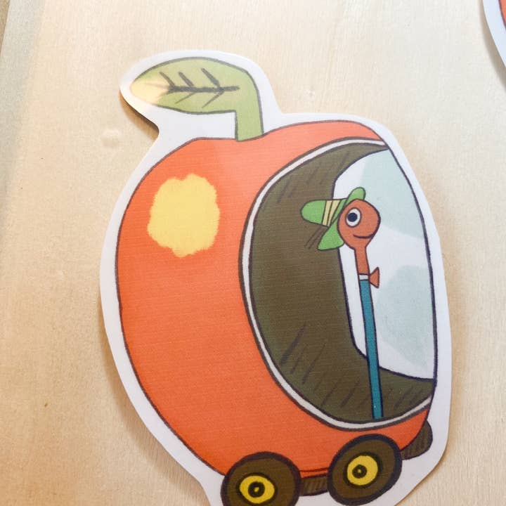 Frost & Fringe Craft Co. - Wholesale Sticker - Apple Car Worm Nostalgia Sticker, Richard Scarry Busytown