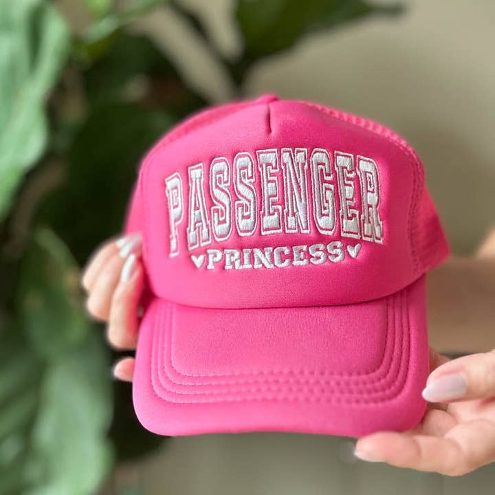 Hot Pink Passenger Princess Embroidered Graphic Trucker Hat for wholesale on Faire2