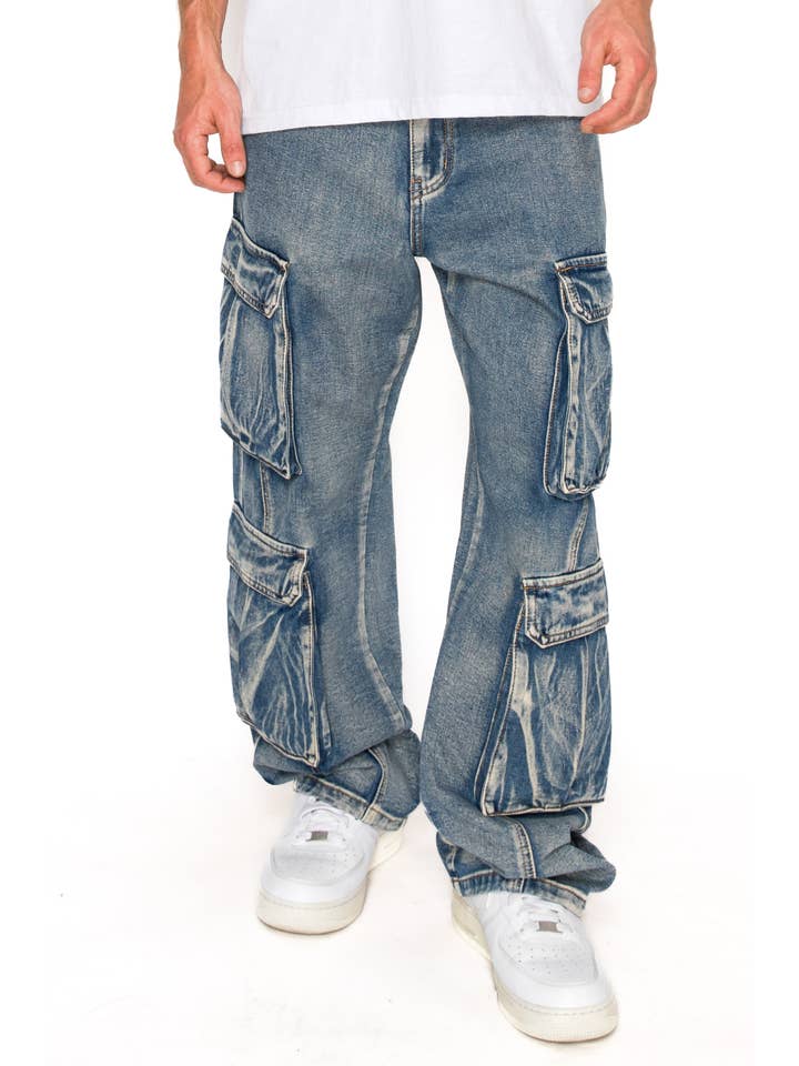 Indigo DL1539 Baggy Fit Double Cargo Denim Jeans for wholesale on Faire1
