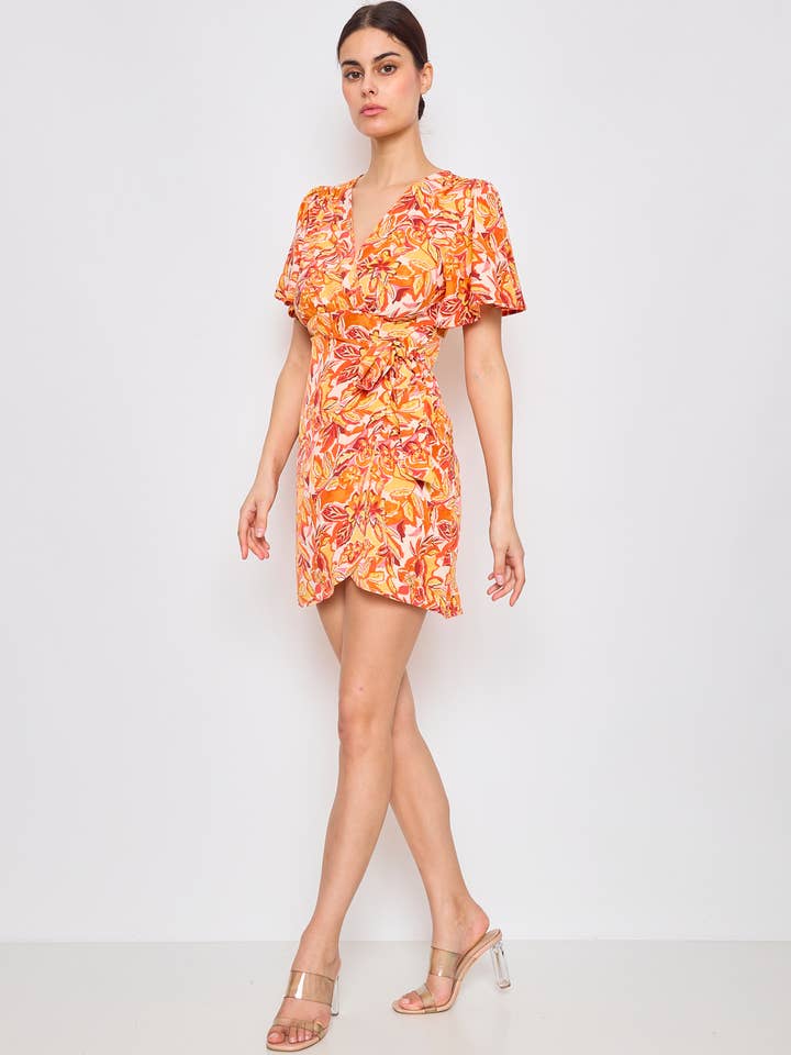 Orange Short wrap summer dress with floral print for wholesale on Faire2