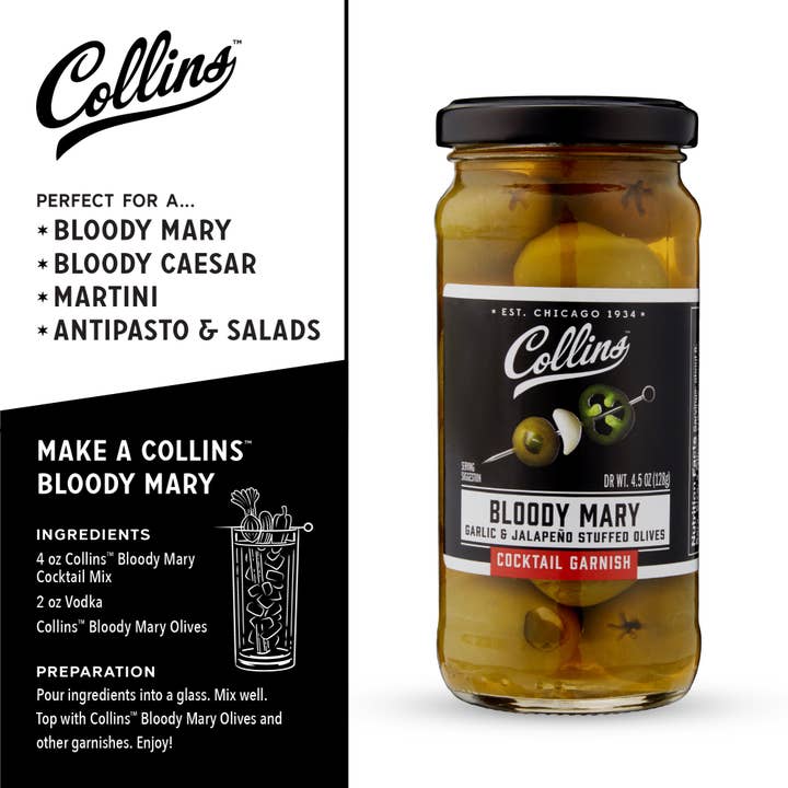 Collins - Wholesale Olives - Gourmet Jalapeno and Garlic Stuffed Cocktail Olives 4.5 oz2