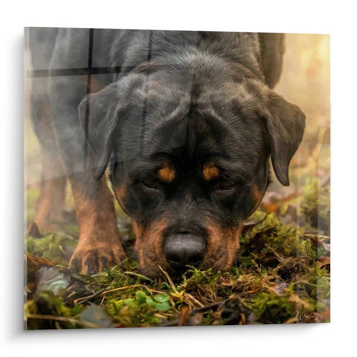 Rottweiler Puppy with Amber Eyes in Moss Painting - Natural Tenderness - Rottweiler Edition for wholesale by Walensky