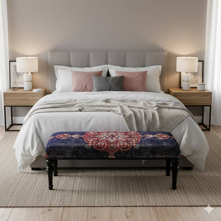 Vintage Red Blue Rug Upholstered Handmade Wooden Ottomans for wholesale by Rugtolia