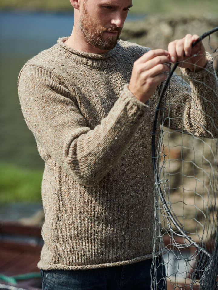 Aran Woollen Mills - Wholesale Knit Sweater - Men's - Raheen Tweed Roll Neck Mens Sweater - Oat