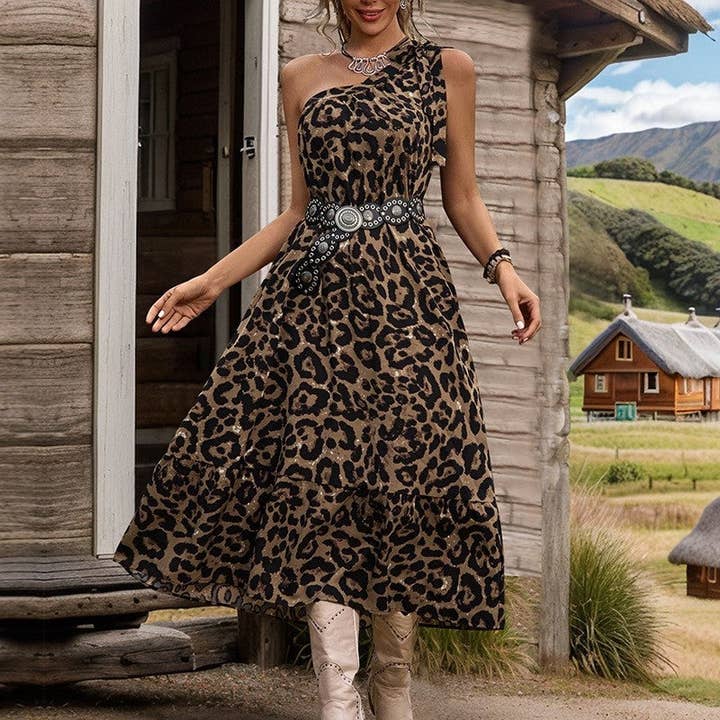 Leopard Print One Shoulder Midi Dress With Strap for wholesale by Plush Looks