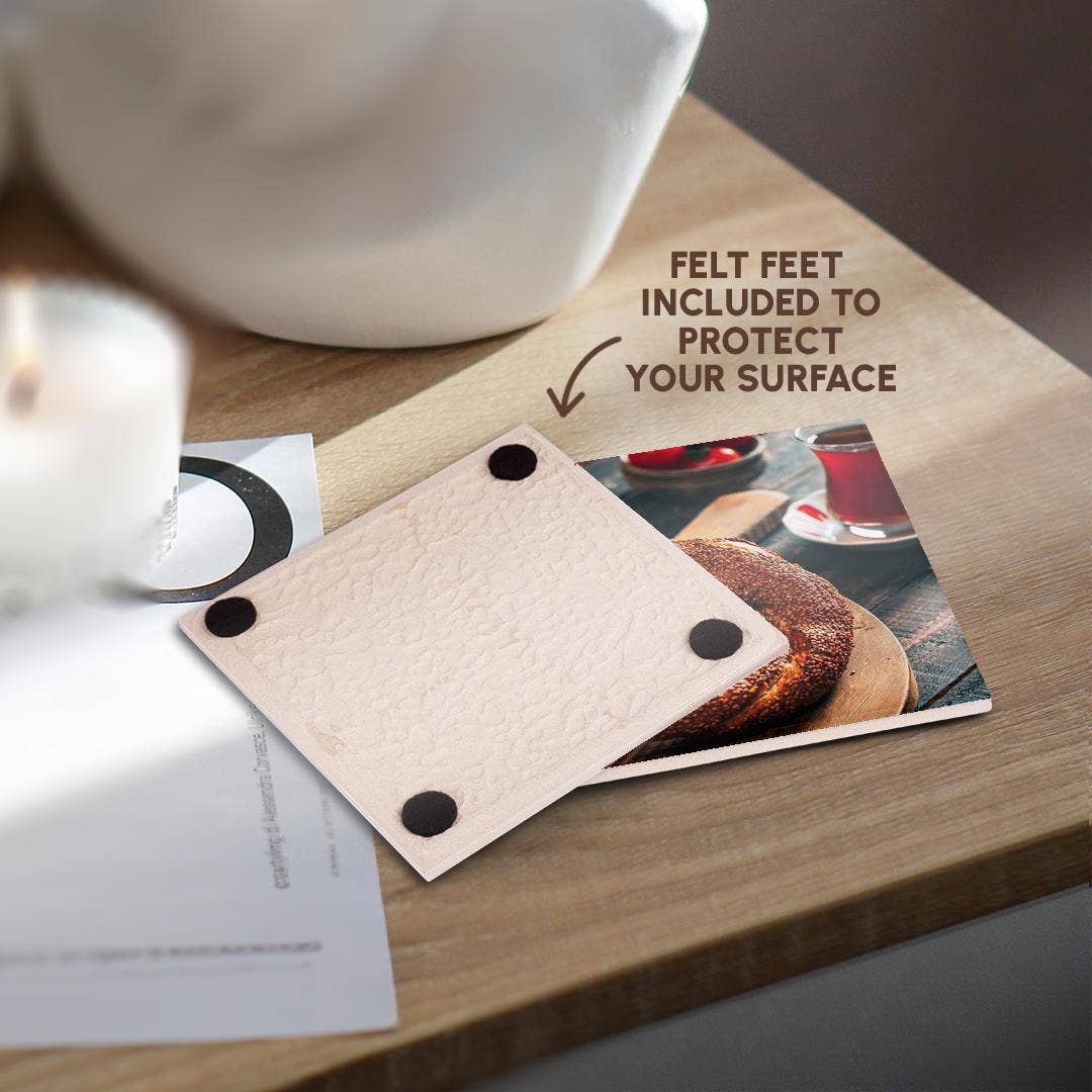 3dRose - Wholesale Coasters - 3dRose, A close up photograph of a Turkish simit bagel and fresh tea, Coaster3