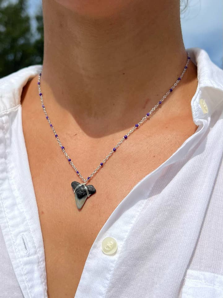 Purple + Silver Shark Tooth Necklace | Surfer Beach Jewelry for wholesale by HALT