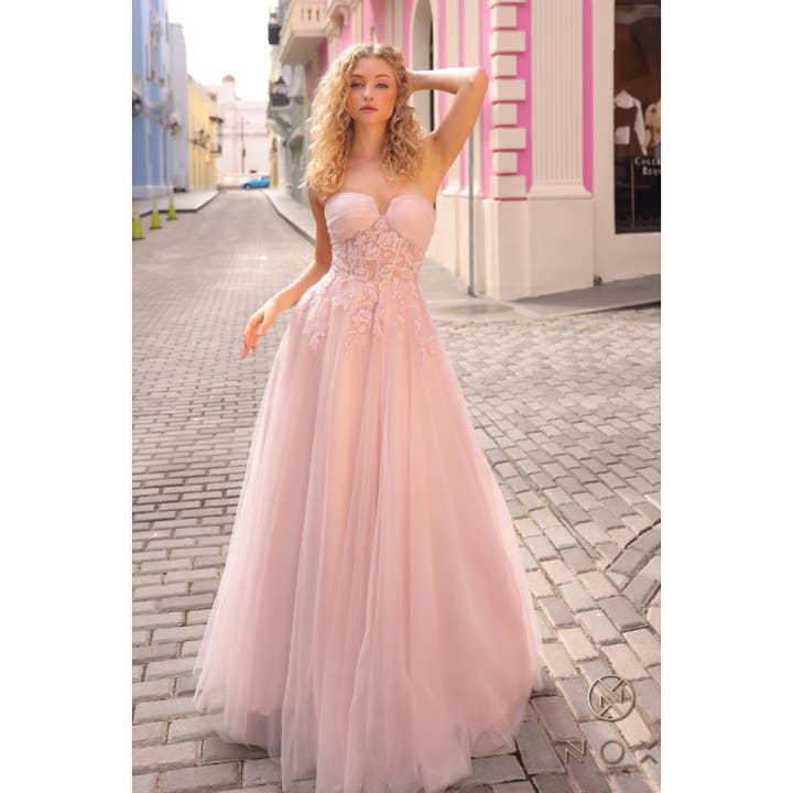 Vestido de línea A sin tirantes con apliques y brillo-T1326 para venta al por mayor de Noxanabel