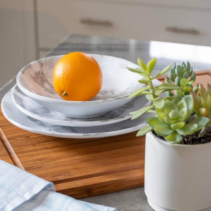 White Marble 11 inch Round Melamine Dinner Plate | Set of 6 for wholesale on Faire