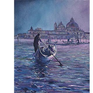 Venice Italy gondolier & church of Santa Maria della Salute moonlit in medieval city of Venice, Italy. Watecolor painting Venice home decor (print) for wholesale by Ryan Fox Fine Art