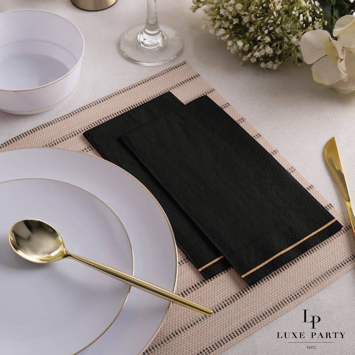 Luxe Party - Wholesale Disposable Napkin - Black with Gold Stripe Guest Paper Napkins | 16 Napkins