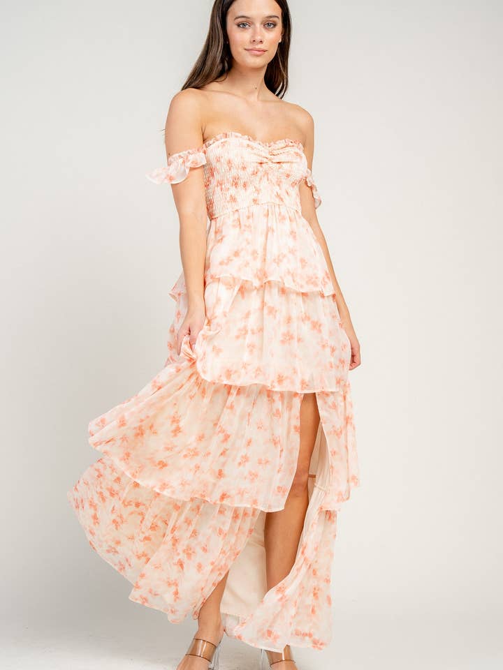 BD13268K LAGDELTE MAXIKJOLE MED SMOCKERET LIVSTYKKE for engroshandel hos BEIVY & COLLABO