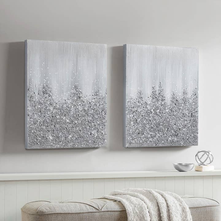 Hand Embellished Stones Abstract Silver Glitter Wall Art for wholesale by Olliix