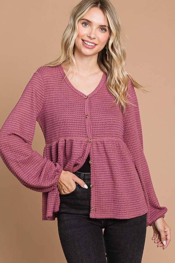 Culture Code - Wholesale Knit Top - Women's - CHT1821L - BUTTON DOWN RUCHING DETAIL LSLV TOP9