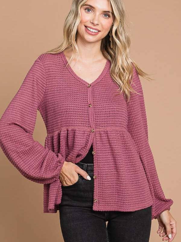 Culture Code - Wholesale Knit Top - Women's - CHT1821L - BUTTON DOWN RUCHING DETAIL LSLV TOP9