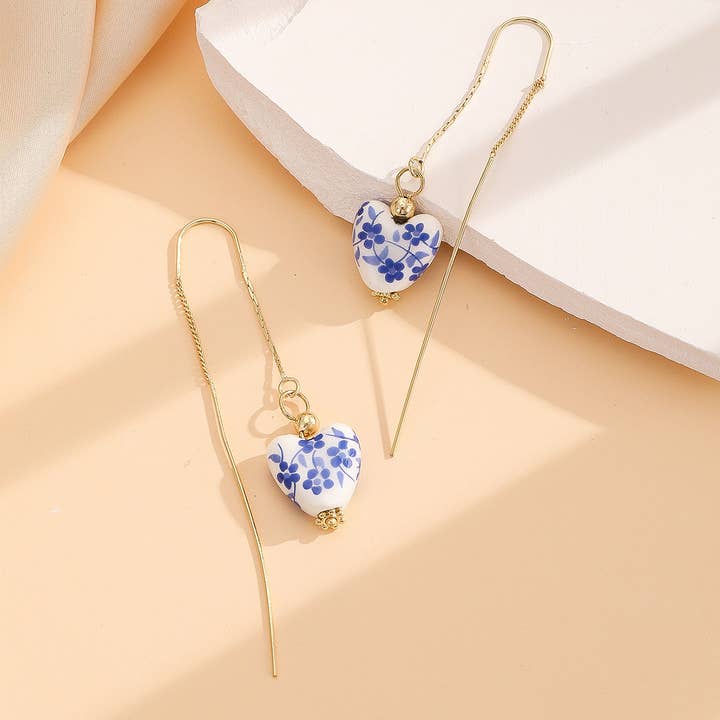 Elegant Gold Chain Blue White Porcelain Heart Dangle Earring for wholesale on Faire