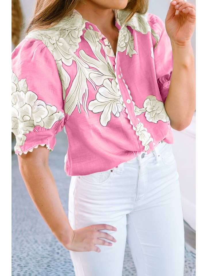 Little Daisy Closet - Wholesale Button Down Shirt - Women's - LDC Floral Ric Rac Edge Puff Sleeve Button Up Summer Shirt