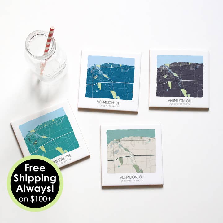 Vermilion Ohio Map Tile Coasters (Set of 4) - 4 colors for wholesale by Sparks House Co.