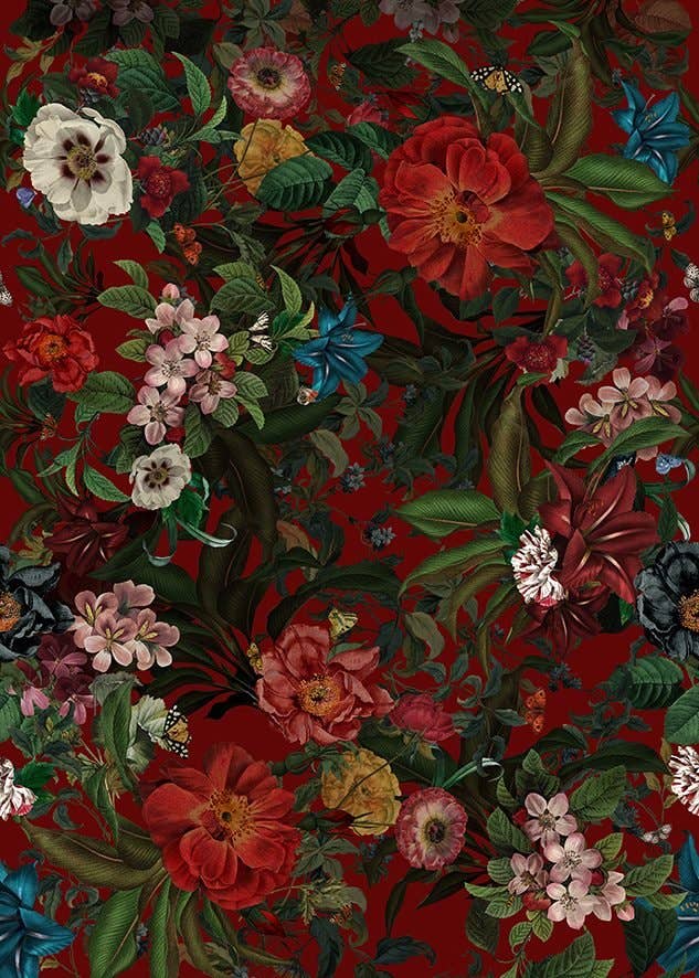 Voglio Bene - Wholesale Drape - LUSH RED FLORAL FABRIC BY THE METER
