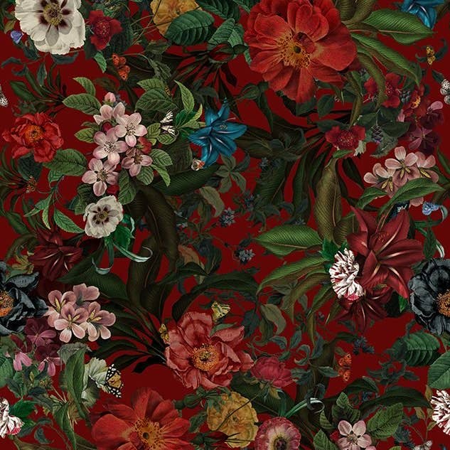 Voglio Bene – Großhandel Gardine – Üppiger roter Blumensamt Stoff pro Meter