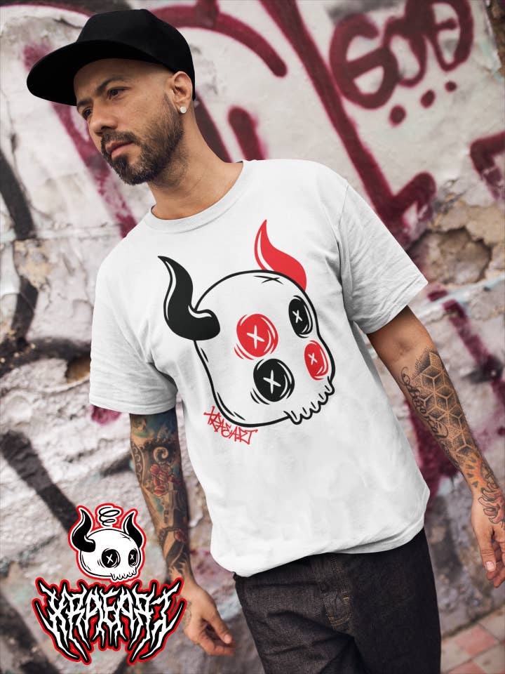 Double Vision Skull Graffiti Street Art T-shirt (White) for wholesale by XRAEART Clothing Co