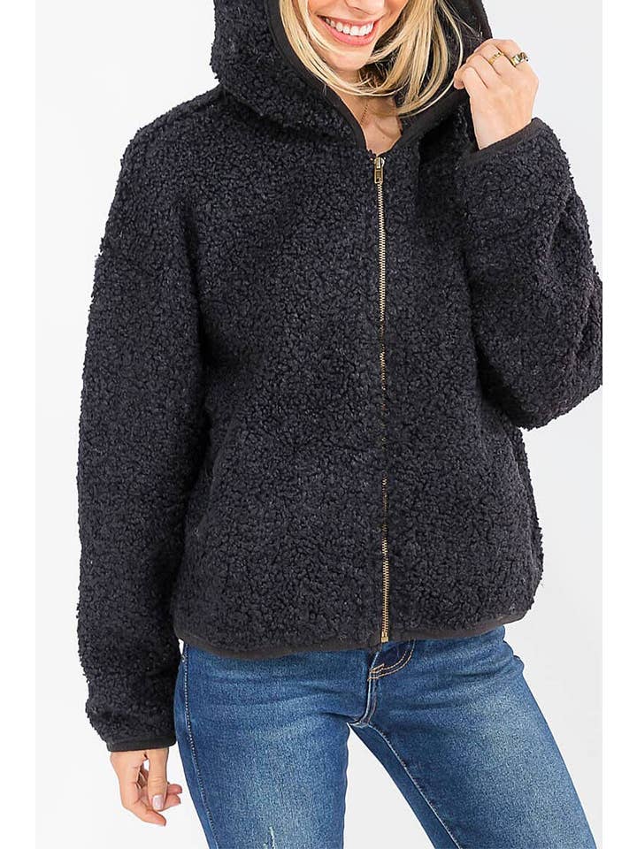 ROUSSEAU - Wholesale Jacket - Women's - SOLID SHERPA HOODED ZIP UP POCKET FRONT JACKET
