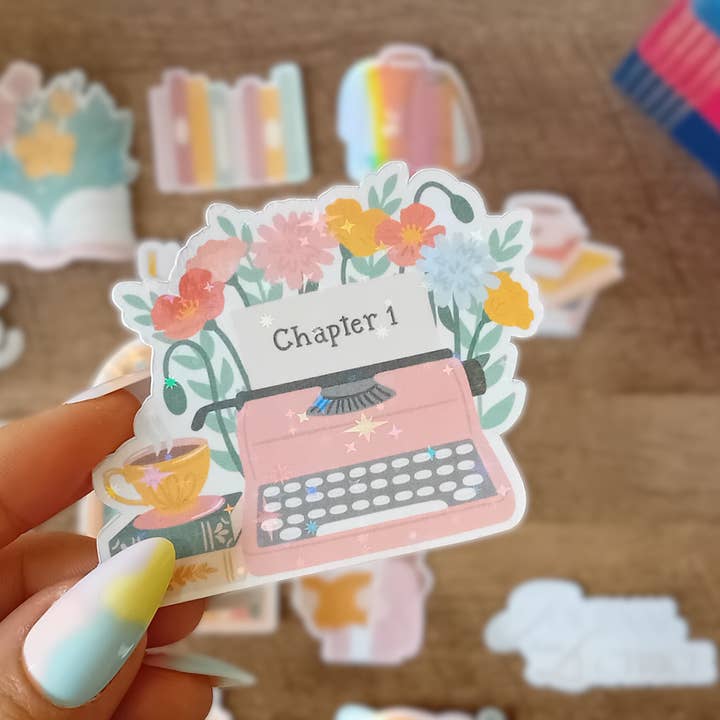 Waterproof Holographic Sticker - Floral Typewriter for wholesale by La baleine qui embosse