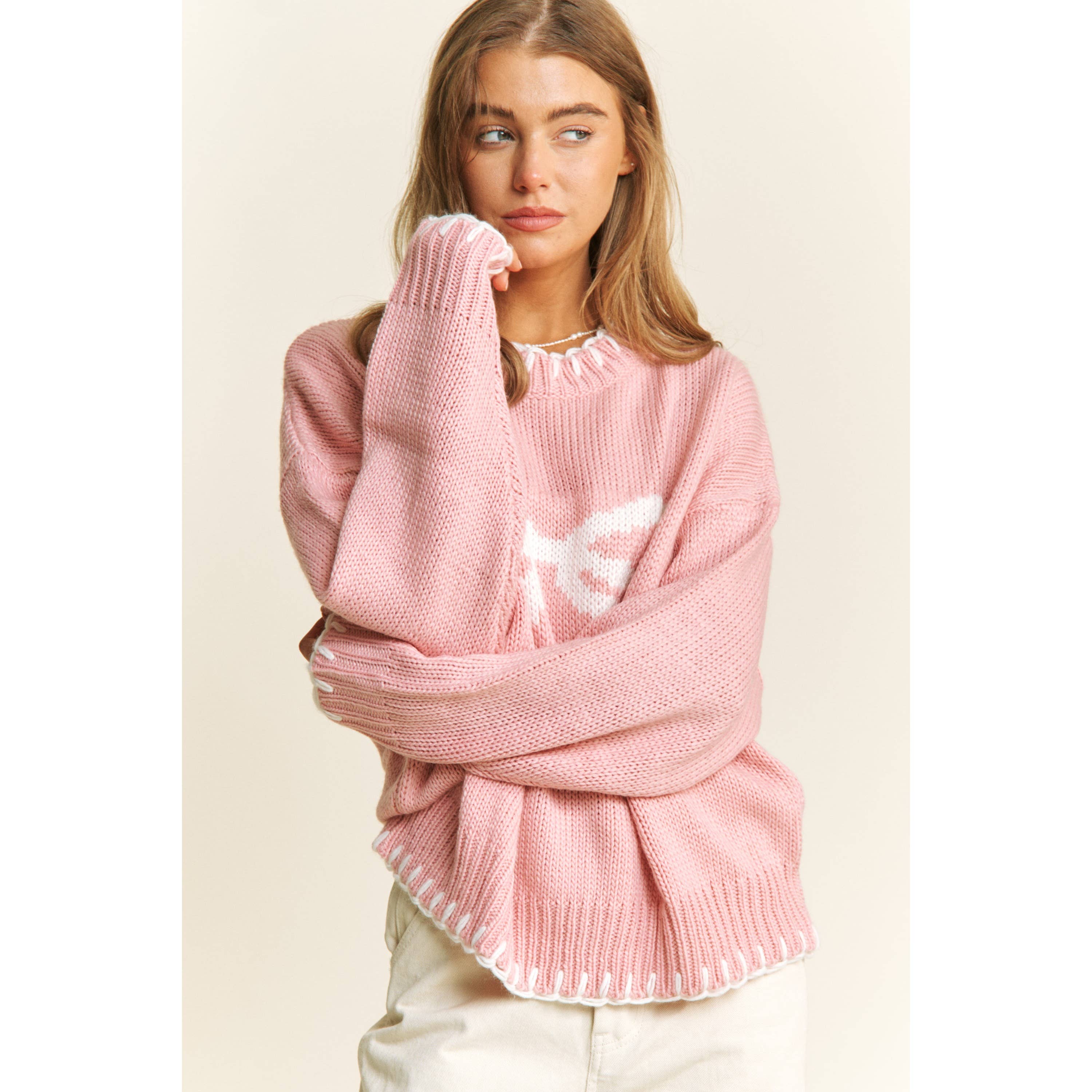 Sweet Generis - Vente Pull en maille – femme - Pull col rond de fête avec gros nœud et surpiqûres contrastées2