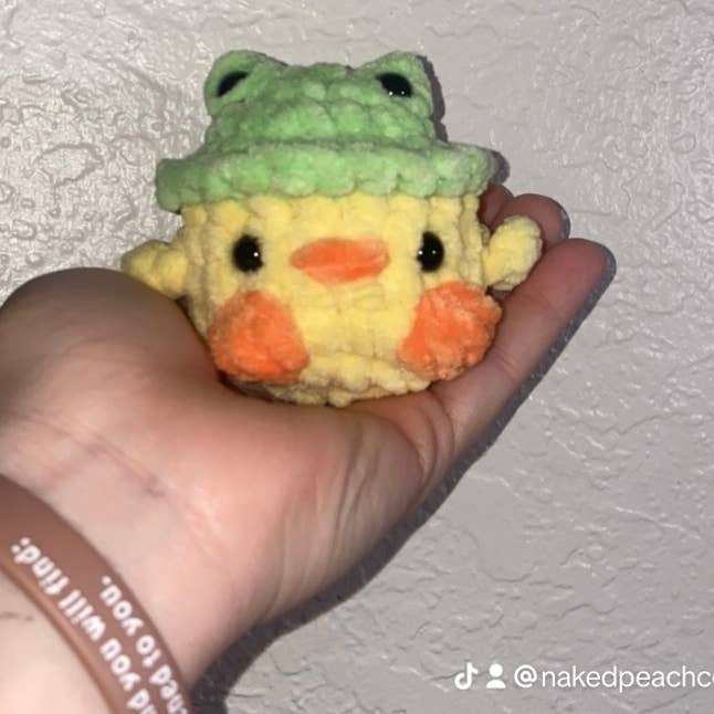 Chick With Frog Hat - Handmade - Crochet for wholesale by Naked Peach Crochet