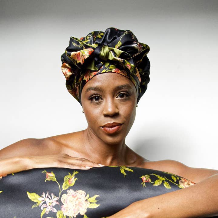 Nochka - Wholesale Sleep cap / bonnet – women's - Wild Rose Print Reversible Bonnet with Ties4