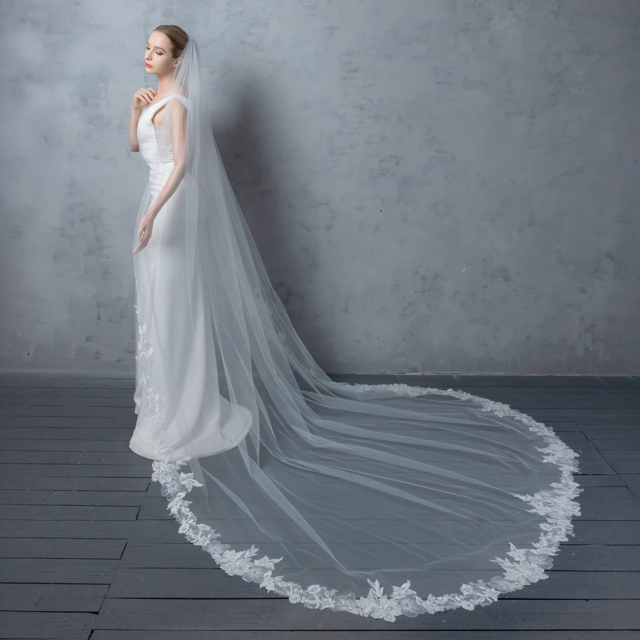 Farinosa Bridal - Venta al por mayor Velo - Mujer - Velo nupcial de encaje bordado con flores FS6231 en 96,5 cm, 127 cm, 274 cm y 305 cm3