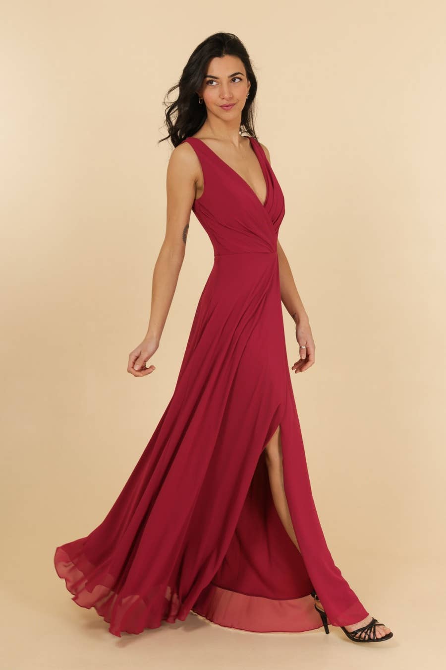 Lautinel – Vestido comprido - Mulher por atacado – Vestido Longo Plus Size com Decote V e Fenda R1868G6