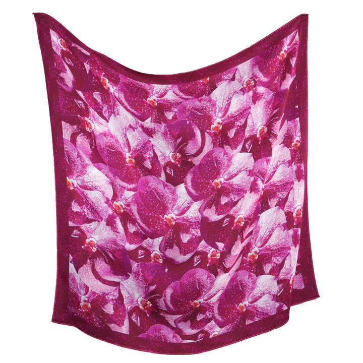 Pañuelo de Seda Cuadrado de 26 Pulgadas - Orquídeas - De Rosa a Magenta Intenso para venta al por mayor de Babs Boutique NYC