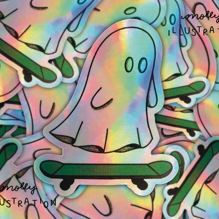 Skateboarding Ghost Holographic Waterproof Vinyl Sticker for wholesale by Molly Illustration
