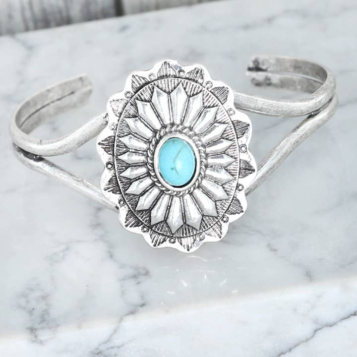 SP Sophia Collection - Wholesale Cuff Bracelet - Scalloped Turquoise Semi Stone Sunburst Concho Cuff Bracelet