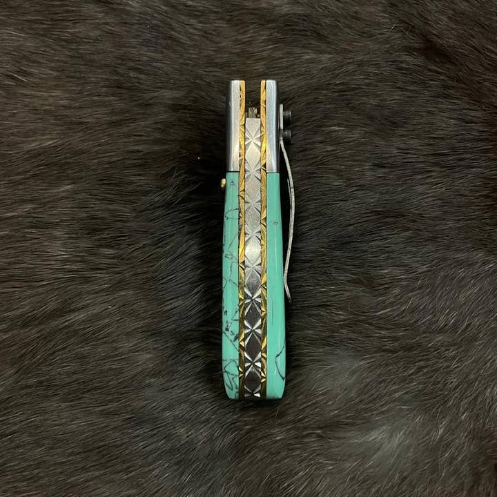 Titan International - Wholesale Pocket Knife/Holder - AzureGlide Damascus Steel Turquoise (Resin) Pocket Knife