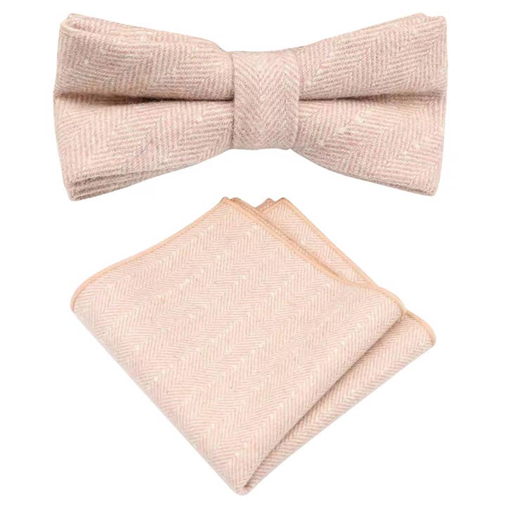 Elle Pink Herringbone Tweed Bow Tie and Pocket Square Set for wholesale by Dickie Bow