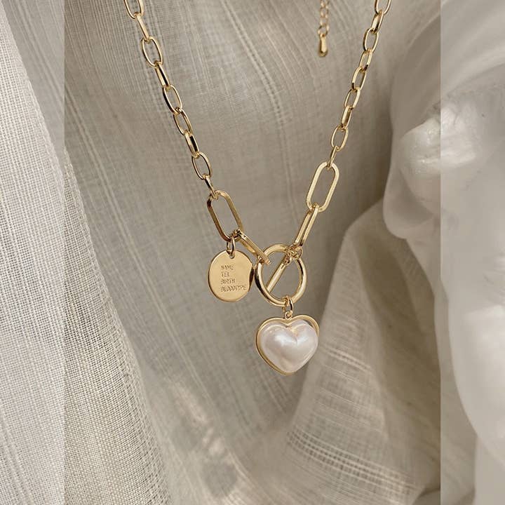 Pearl Heart Thick Chain Necklace for wholesale by AK Brand