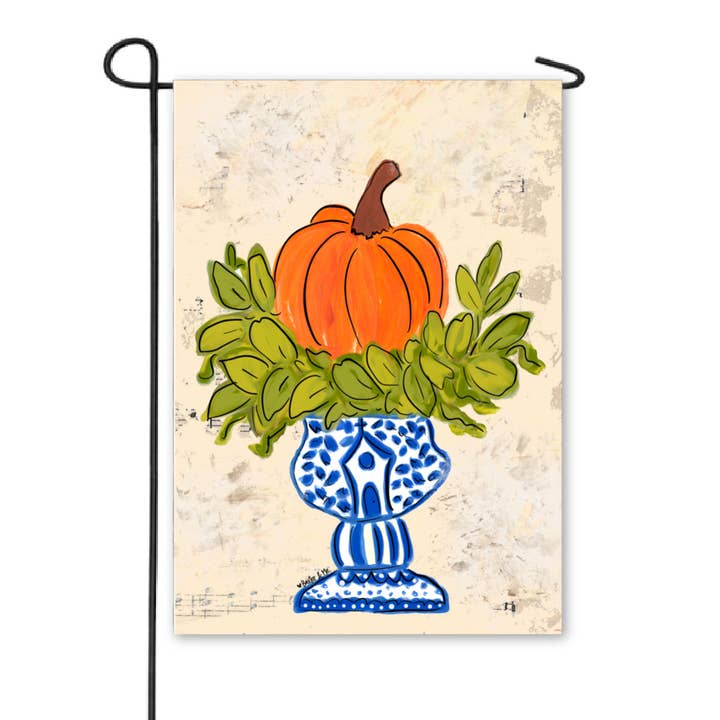 Baxter & Me - Wholesale Flag - Pumpkin in Blue Willow Planter Garden Flag