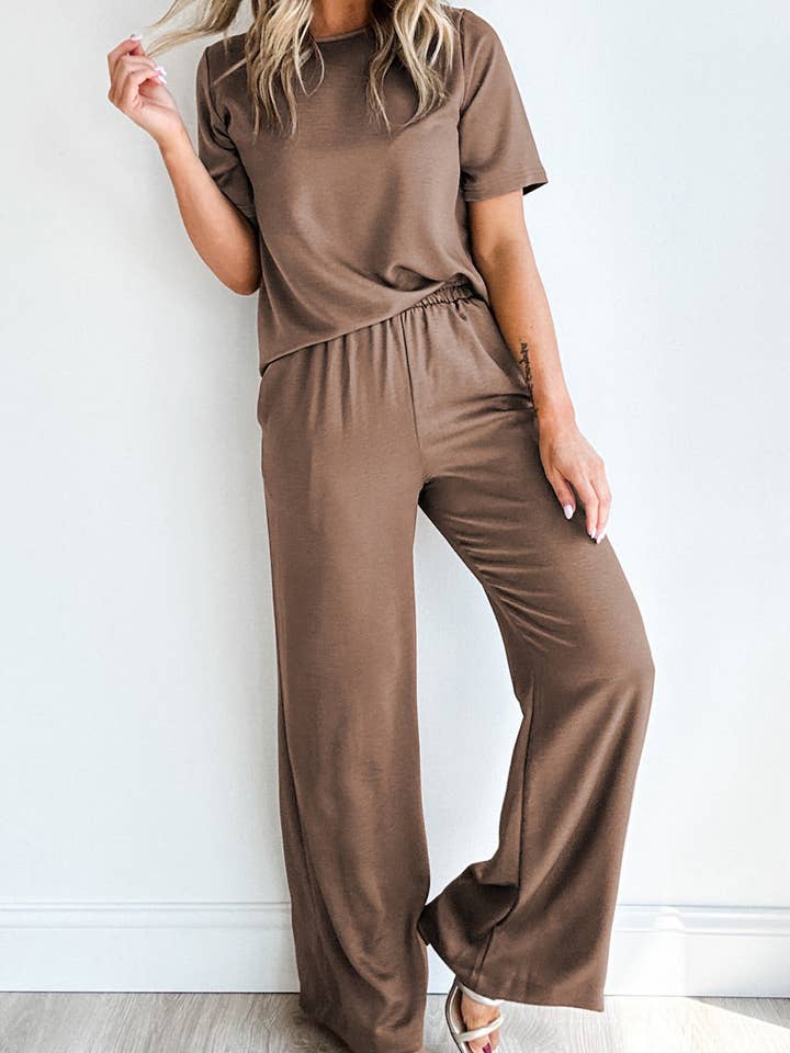Smoke Gray Solid Color T Shirt 2pcs Wide Leg Pants Set for wholesale on Faire