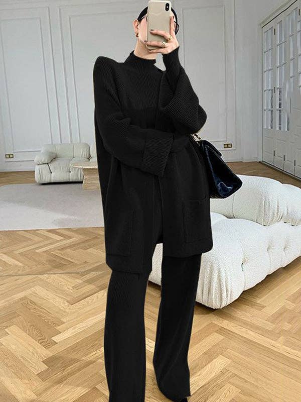 Plush Looks – wholesale Top & pants set (NOT Loungewear) – Women's – Stylish Solid 3 Piece High-Neck Sweater & Wide Leg Pants& Cardigan Tops Set1