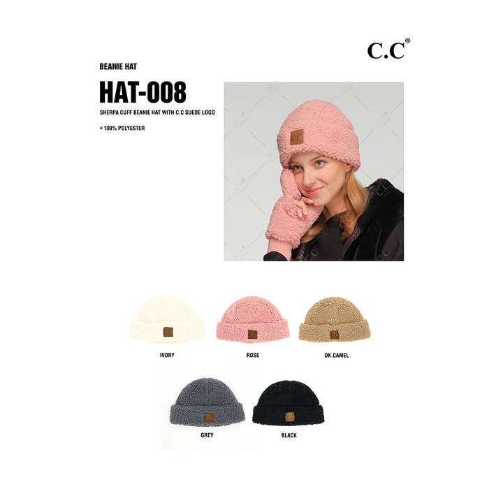 Hana - Wholesale Beanie - Women's - C.C Sherpa Cuff Beanie Hat with C.C Suede Logo