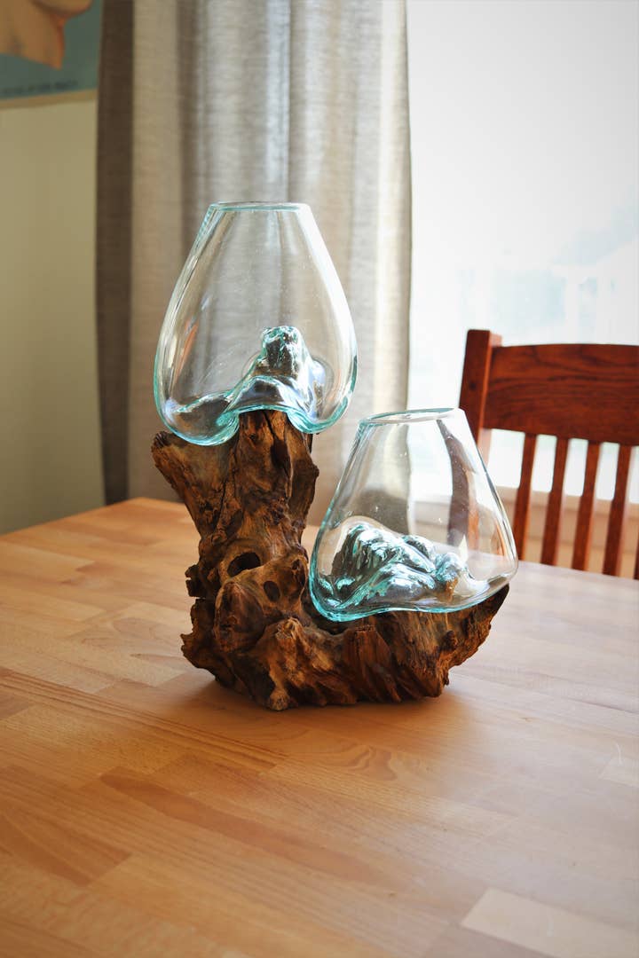 Cohasset Gifts - Wholesale Decorative Tabletop Object - 12" Tall Wood Double with (2) 15cm Cohasset Molten Glass0