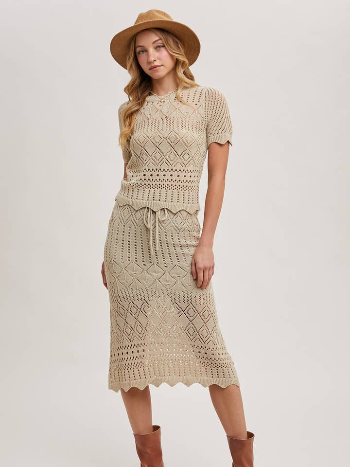 Bluivy – Großhandel Set aus Oberteil und Rock – Damen – GEHÄKELTES STRICKPULLOVER UND ROCK MIT WELLENSAUM-SET1