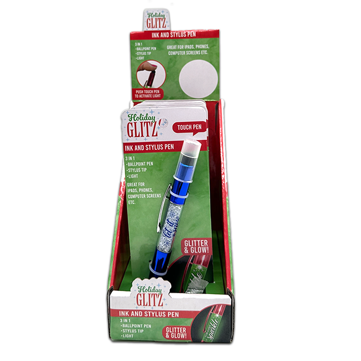 Novelty Brands - Wholesale Pen - Christmas Glitter Pen with LED Light Assortment - 6/Display2