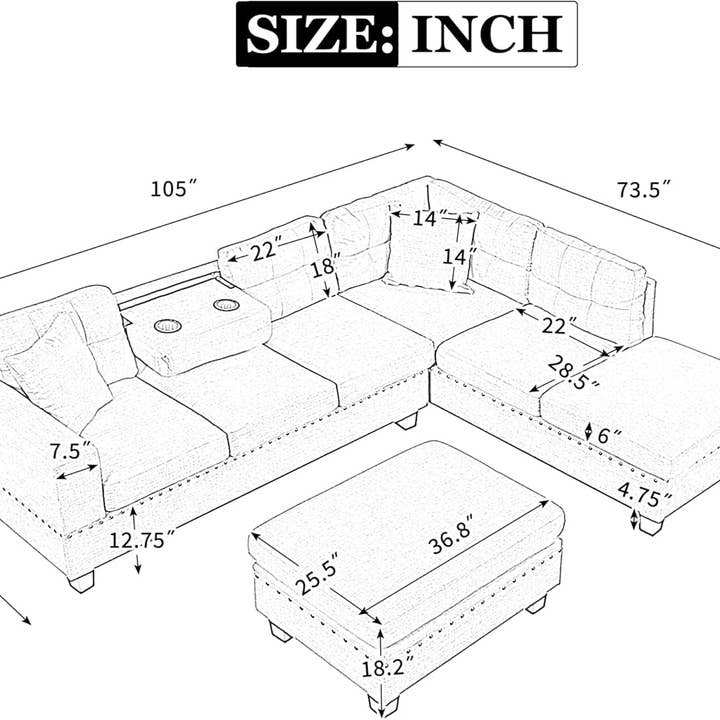Light Gray Sectional Sofa Couch with Ottoman and Chaise for wholesale on Faire